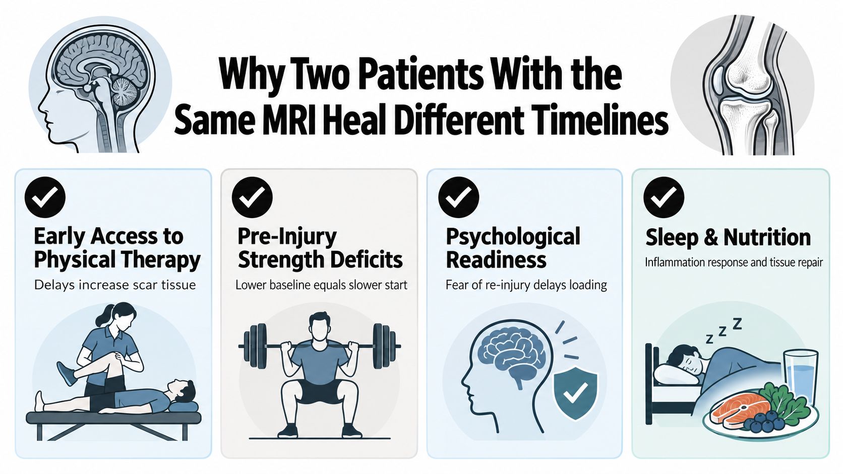 An infographic explaining four key factors that influence recovery timelines for patients with similar knee injuries.