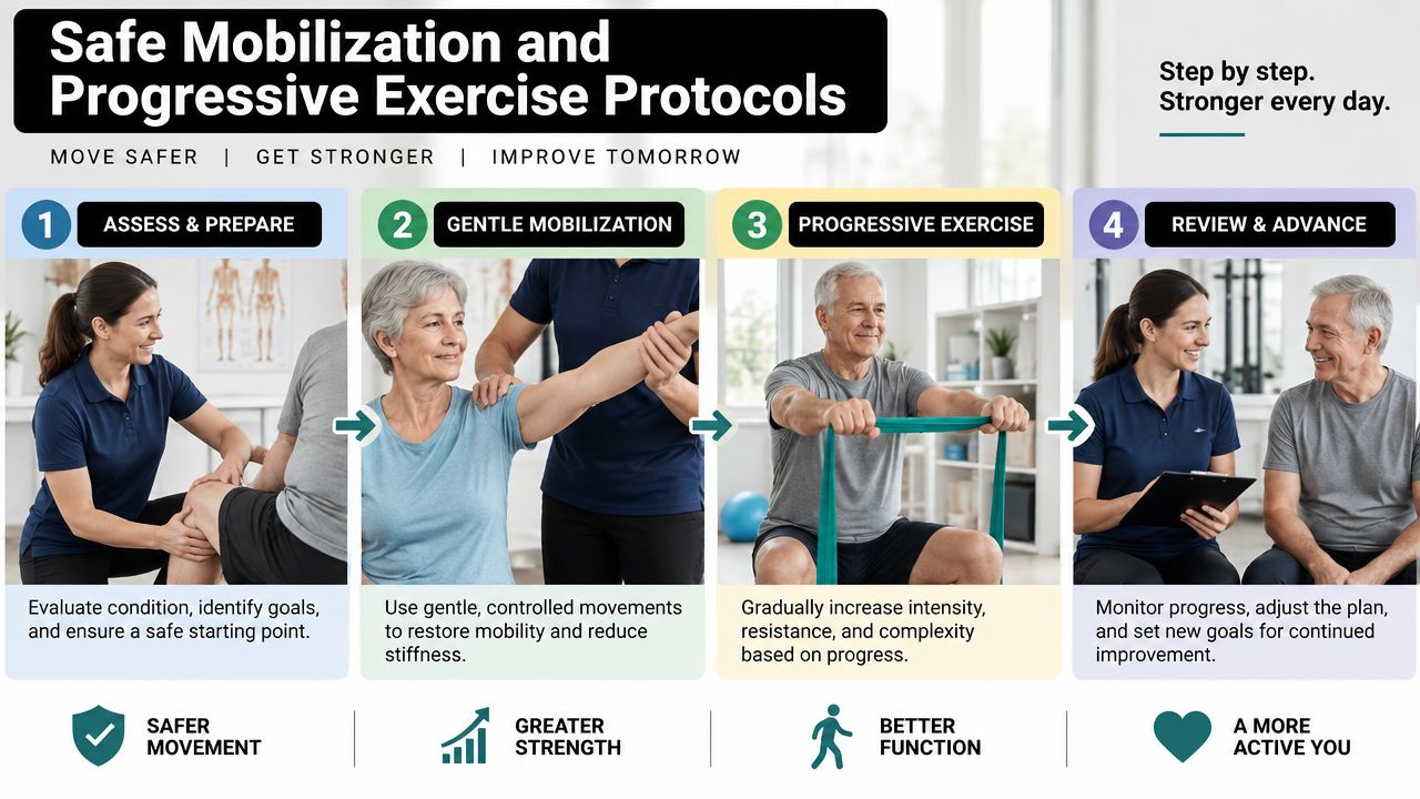 A four-step infographic illustrating a safe physical therapy mobilization and exercise protocol for patient recovery.