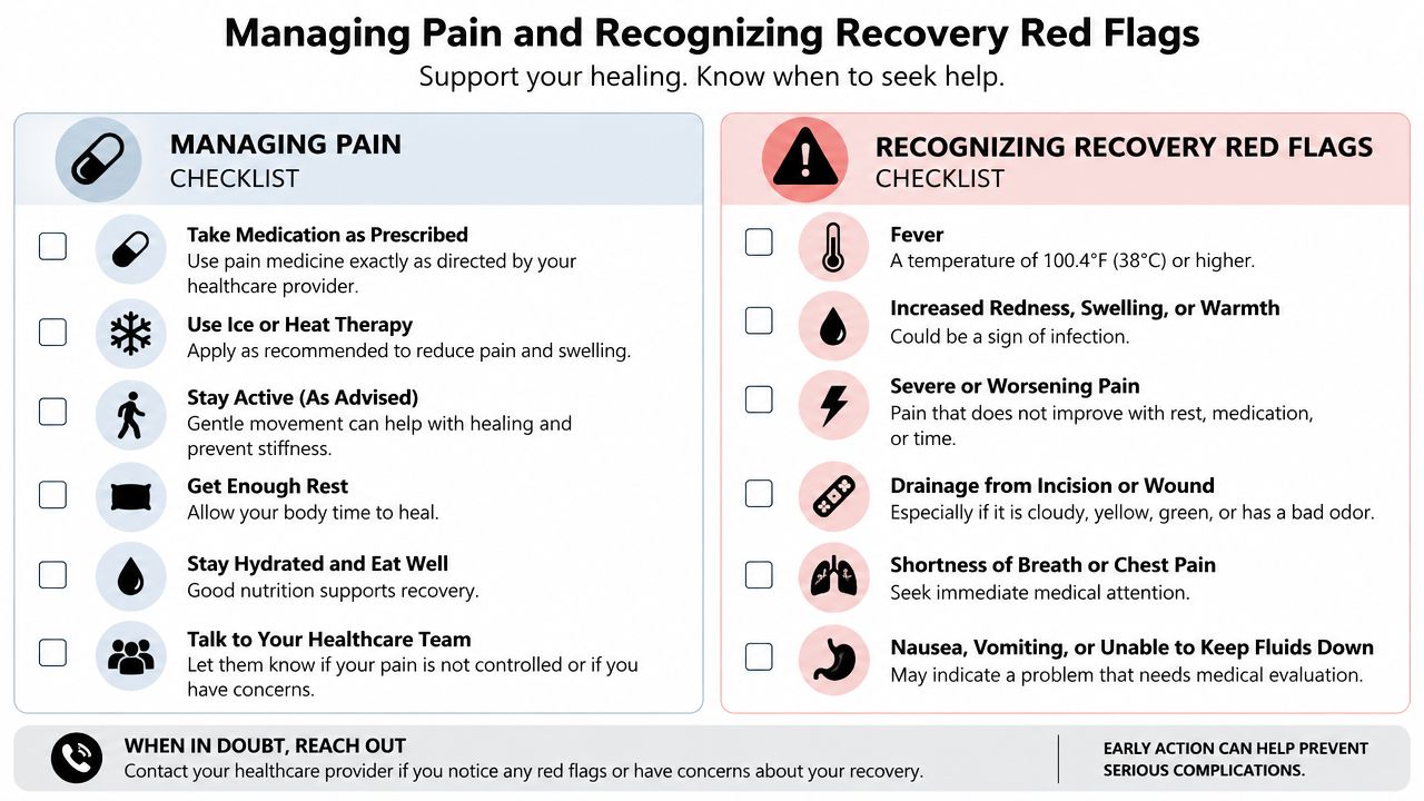 A checklist for managing pain and recognizing recovery red flags for patients after surgical procedures.