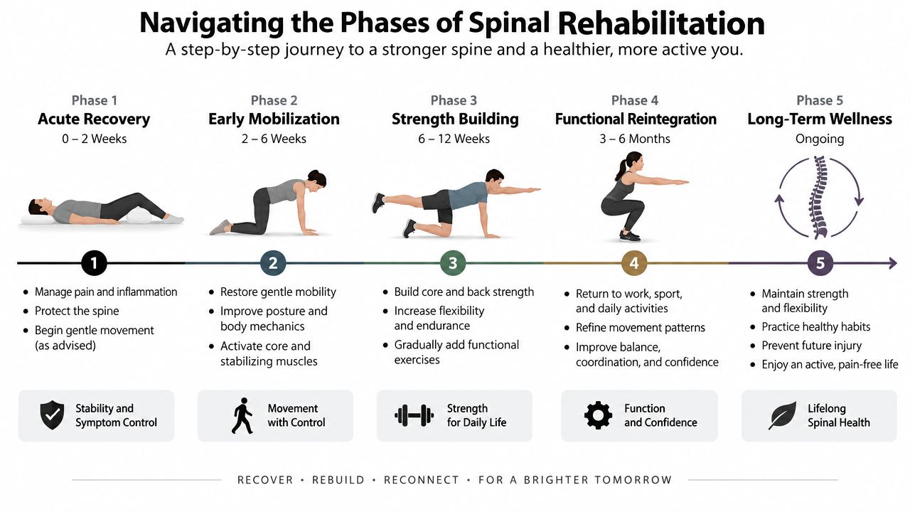 A diagram illustrating five sequential phases of spinal rehabilitation, from acute recovery to long-term wellness.