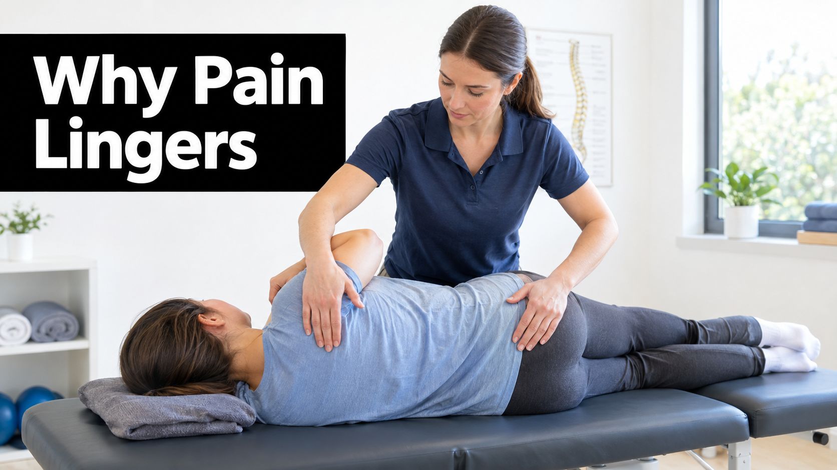 A professional physical therapist performs a back adjustment on a patient lying on a treatment table.