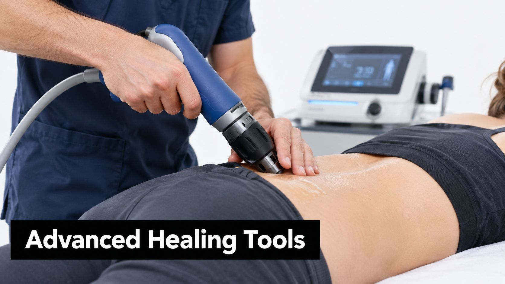 A physical therapist uses a radial shockwave therapy device on a patient's lower back to treat pain.