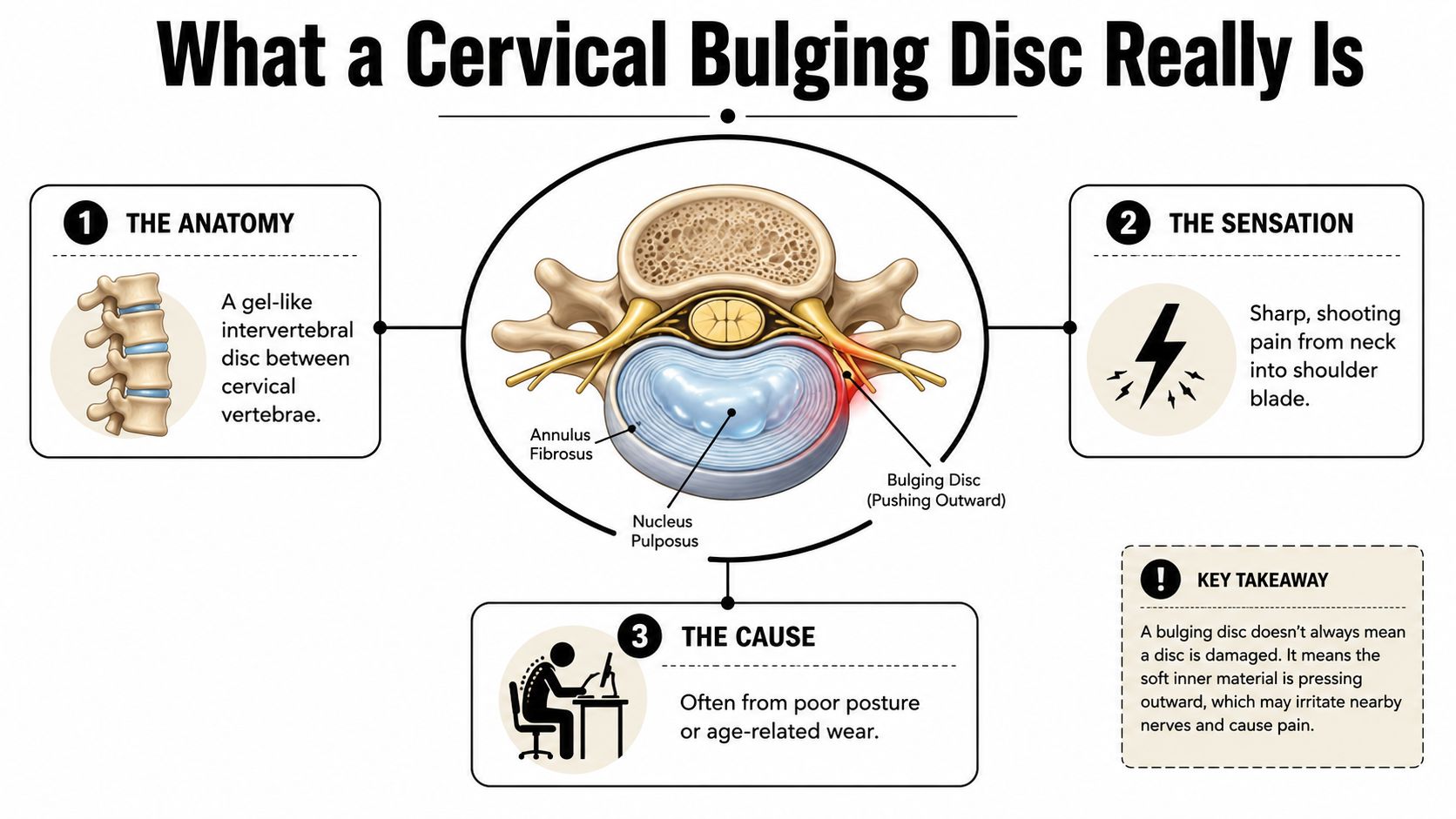An infographic showing the anatomy, sensations, and causes of a cervical bulging disc in the spine.