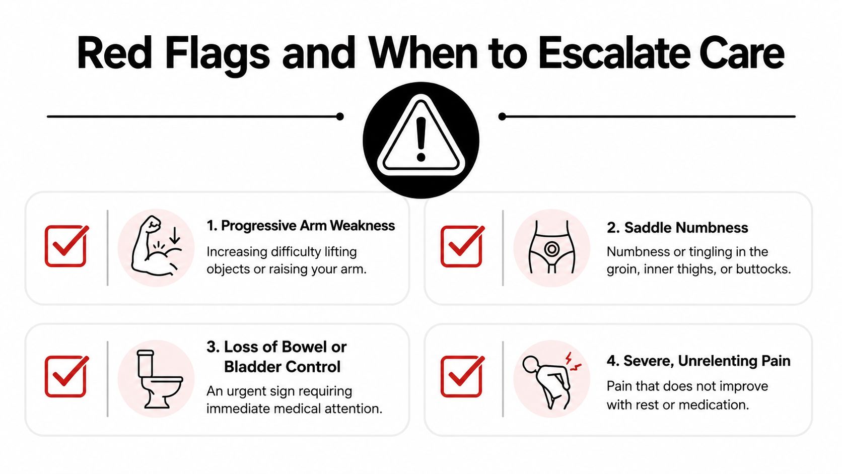 An infographic showing four medical red flags that require immediate care, including nerve and pain symptoms.