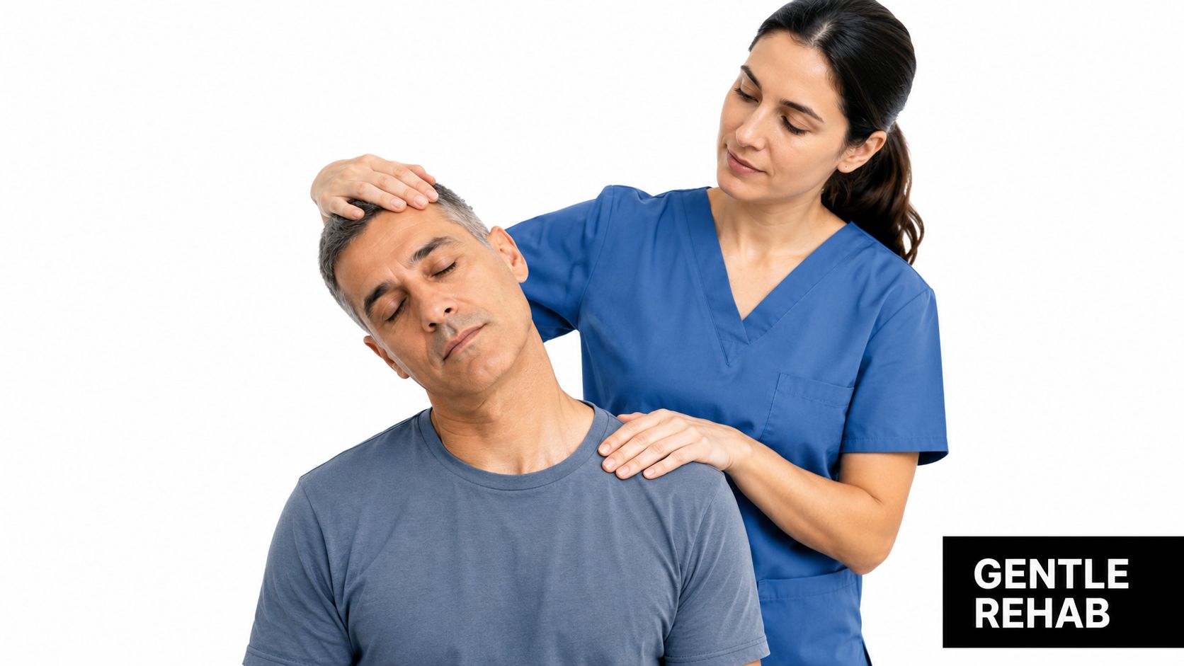 A professional physical therapist gently performing a neck stretch on a patient to alleviate muscle tension.