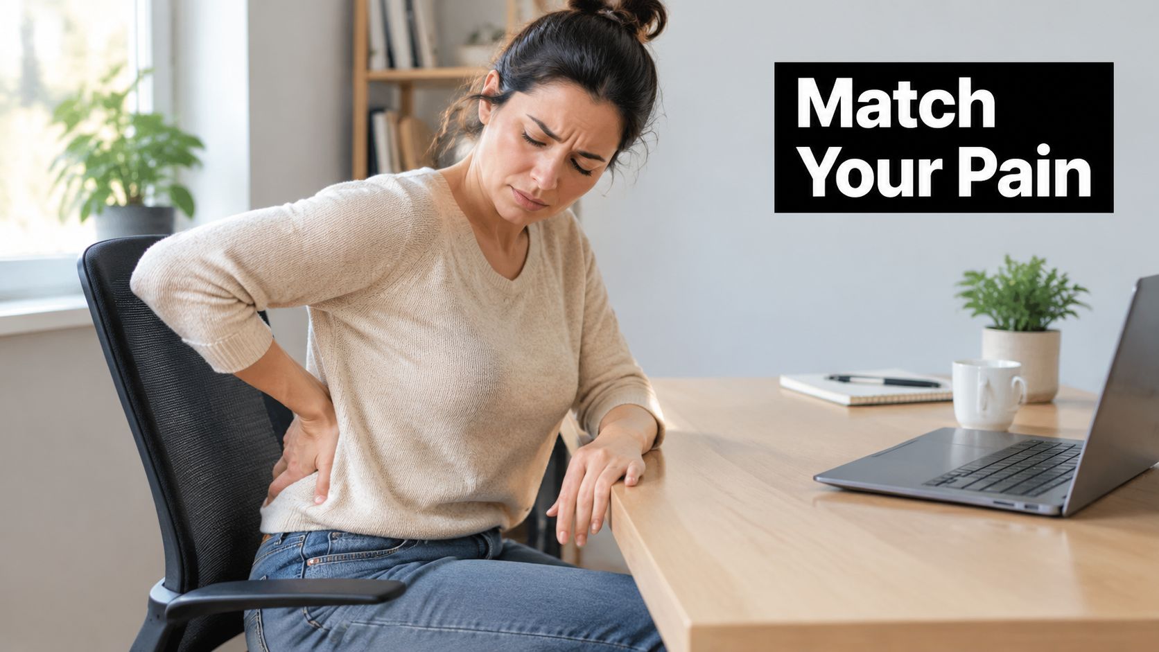A woman sitting at a desk experiencing back pain while working on her laptop in an office.