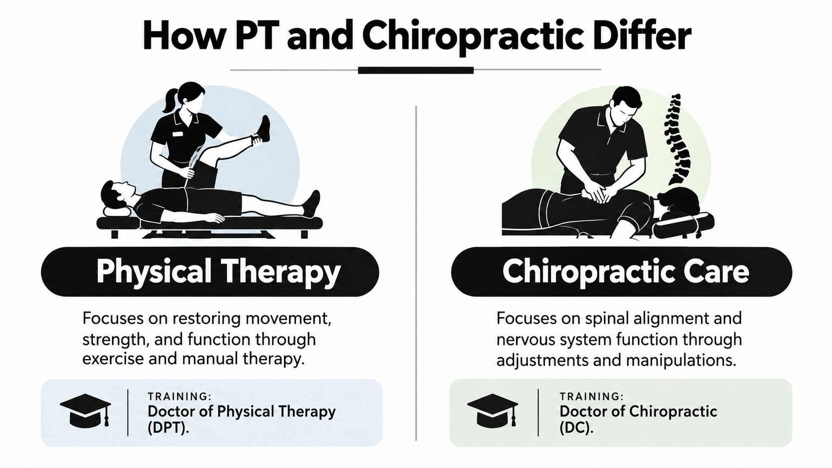 An infographic comparing the focus and training requirements for physical therapy and chiropractic care services.