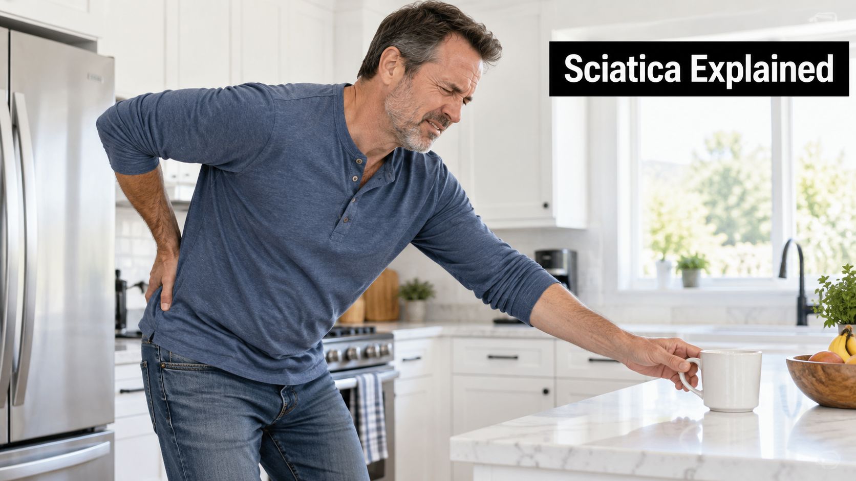 A middle-aged man in a kitchen, experiencing back pain while reaching for a white coffee mug.