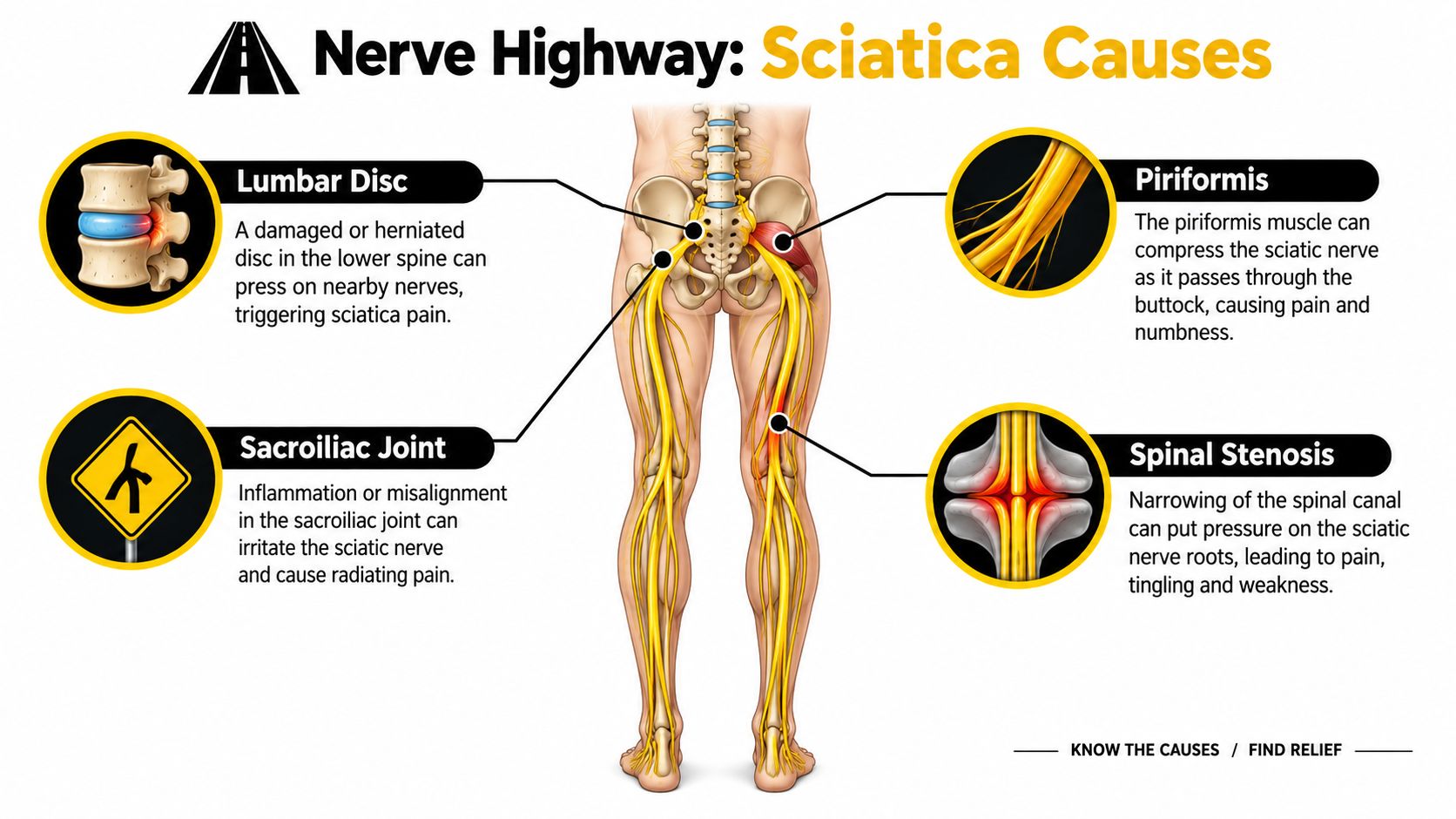An infographic showing four major causes of sciatica pain, including lumbar disc, piriformis, sacroiliac joint, and stenosis.