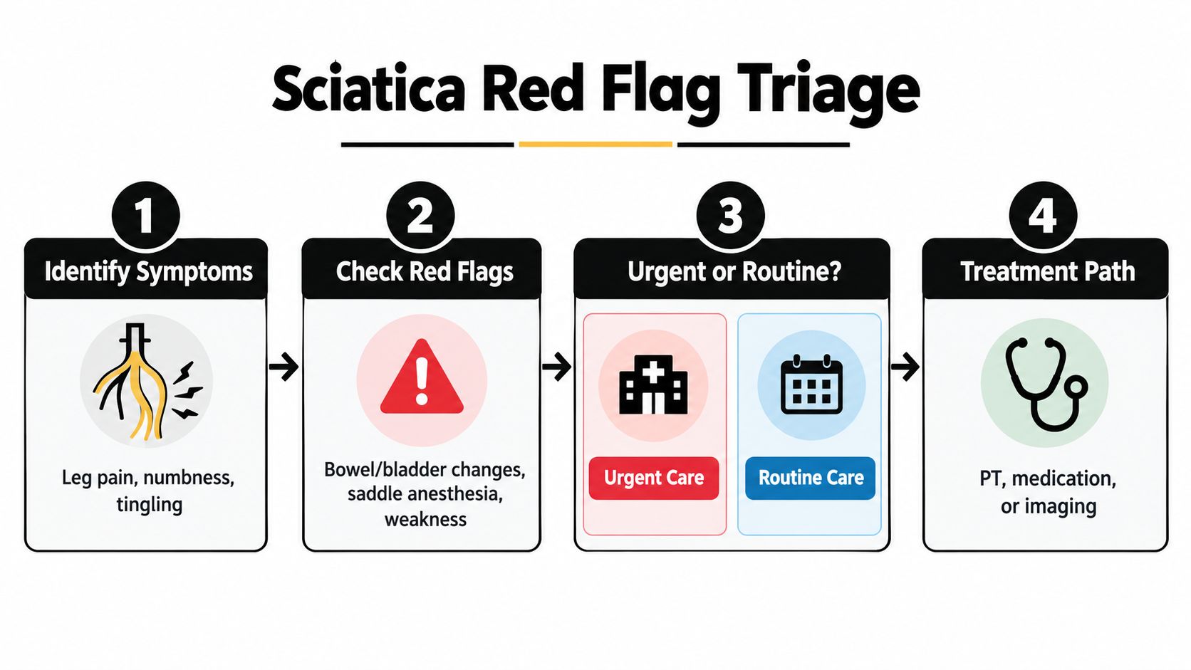 A four-step infographic for Sciatica Red Flag Triage showing symptoms, warning signs, care options, and treatments.