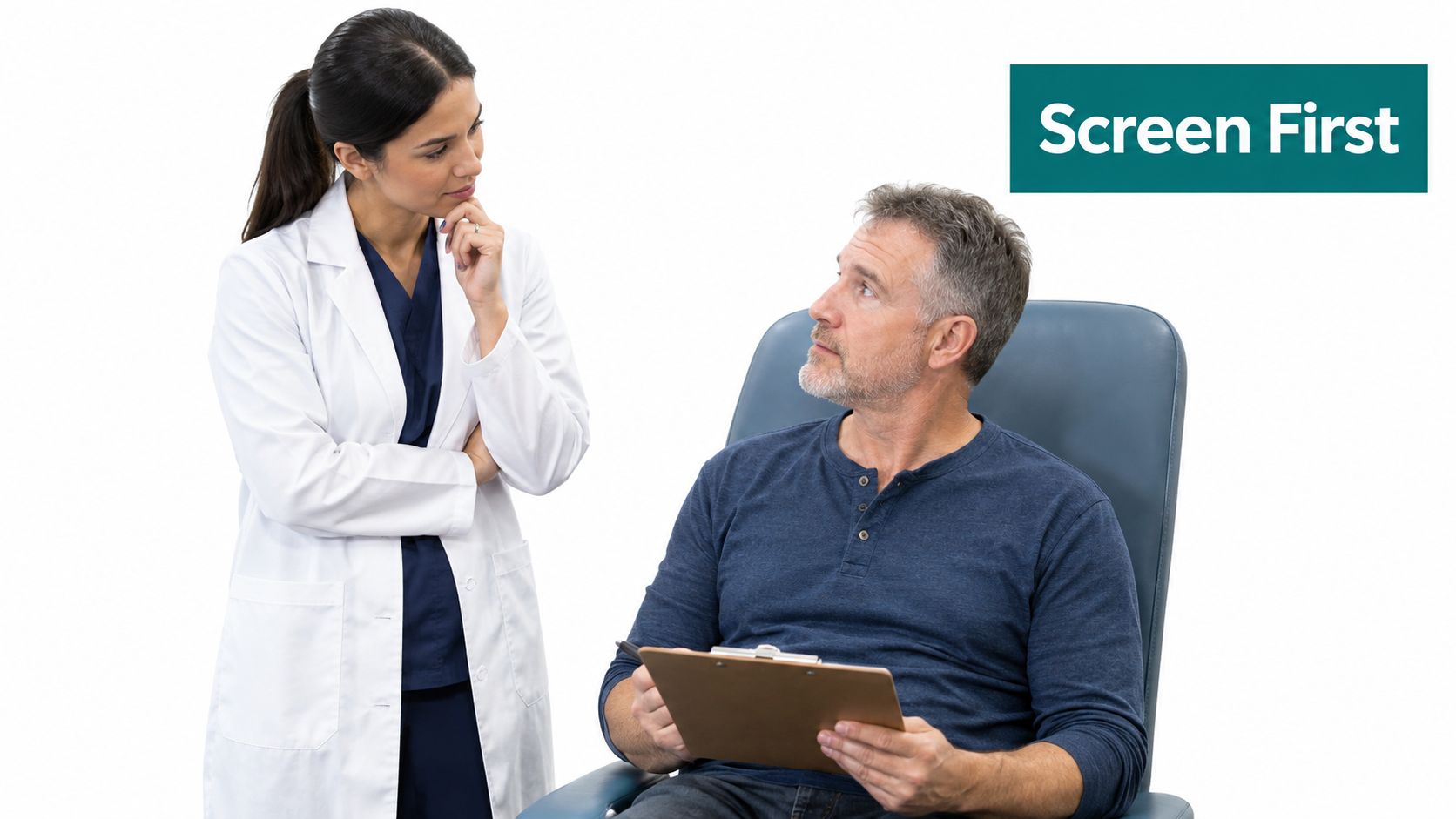 A female doctor in a white coat consults with a male patient sitting in an exam chair.