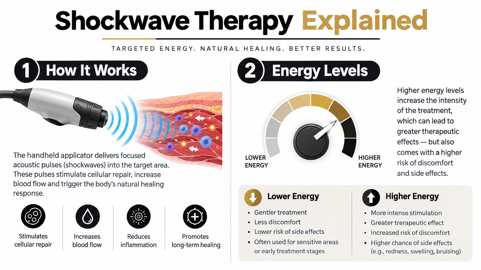 An infographic explaining how shockwave therapy works and the impact of different energy levels on treatment.