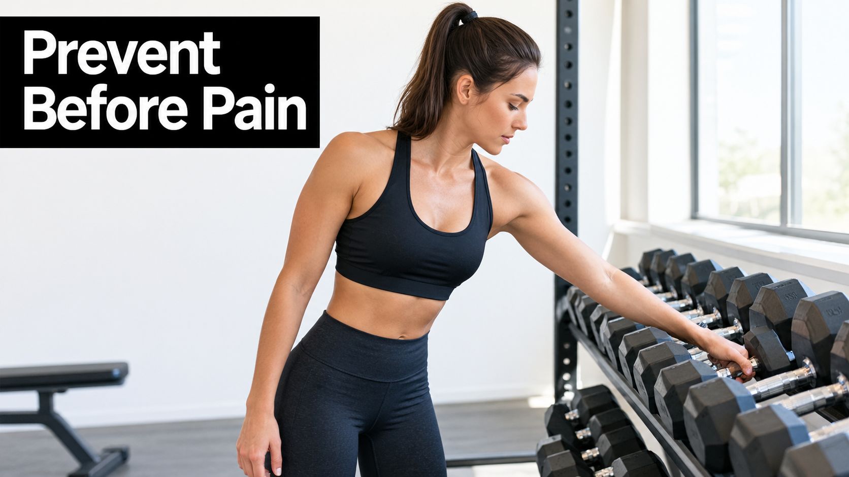 A fit woman in a gym choosing a dumbbell, focusing on safe equipment selection for workout injury prevention.