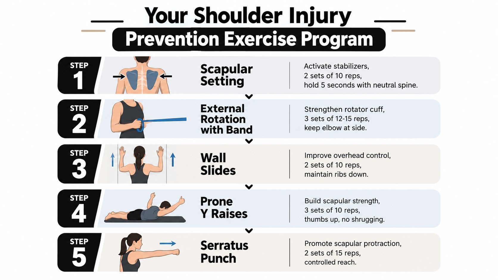 An infographic detailing a five-step shoulder injury prevention exercise program with illustrations and instructions for each movement.