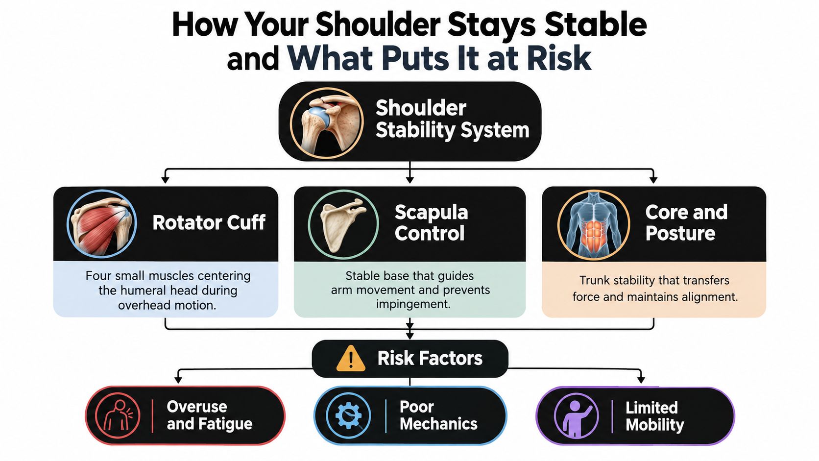 A diagram illustrating the components of the shoulder stability system and common risk factors for injuries.