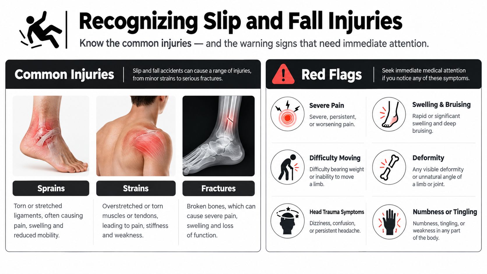 An infographic detailing common slip and fall injuries and warning signs requiring immediate medical attention.