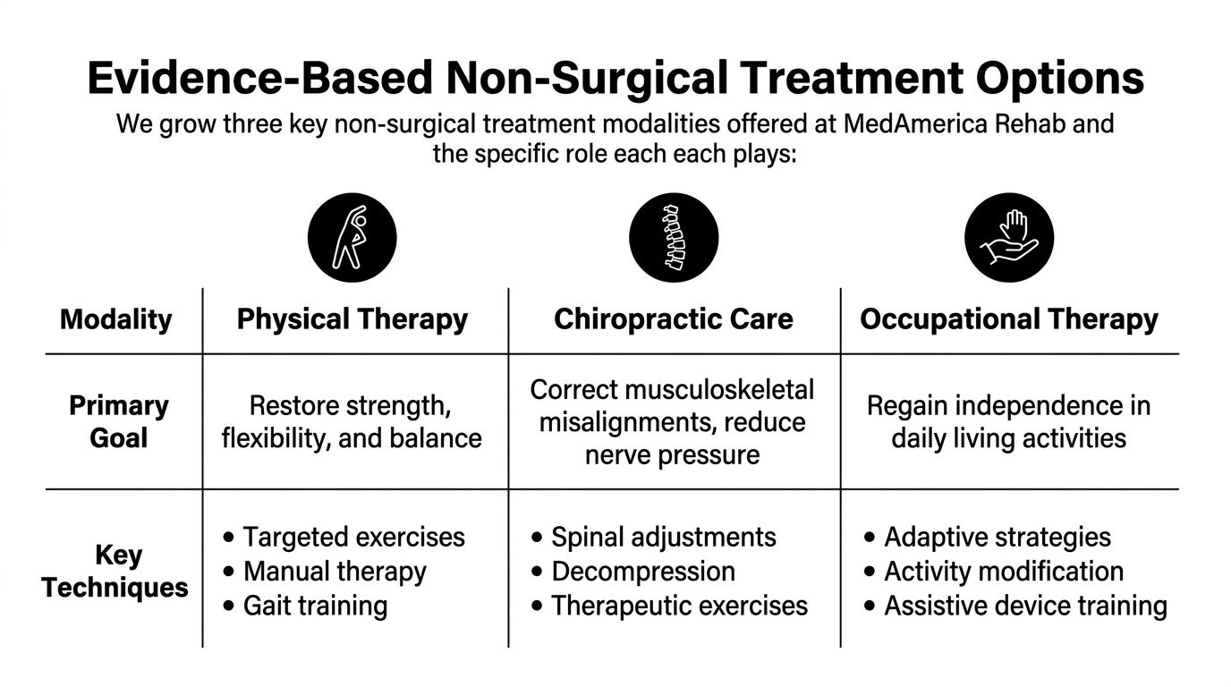 A chart showing non-surgical treatment options including physical therapy, chiropractic care, and occupational therapy with their goals.