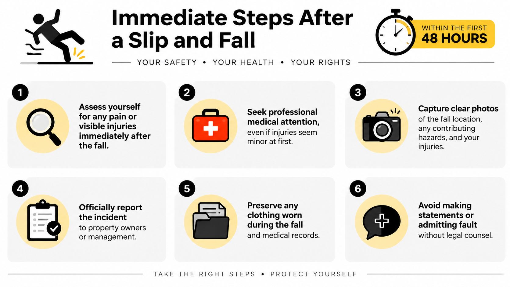 An infographic titled Immediate Steps After a Slip and Fall outlining six crucial actions to take.