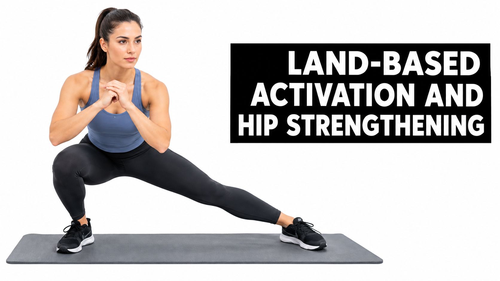 A woman performing a side lunge exercise on a mat for hip strengthening and injury rehabilitation.