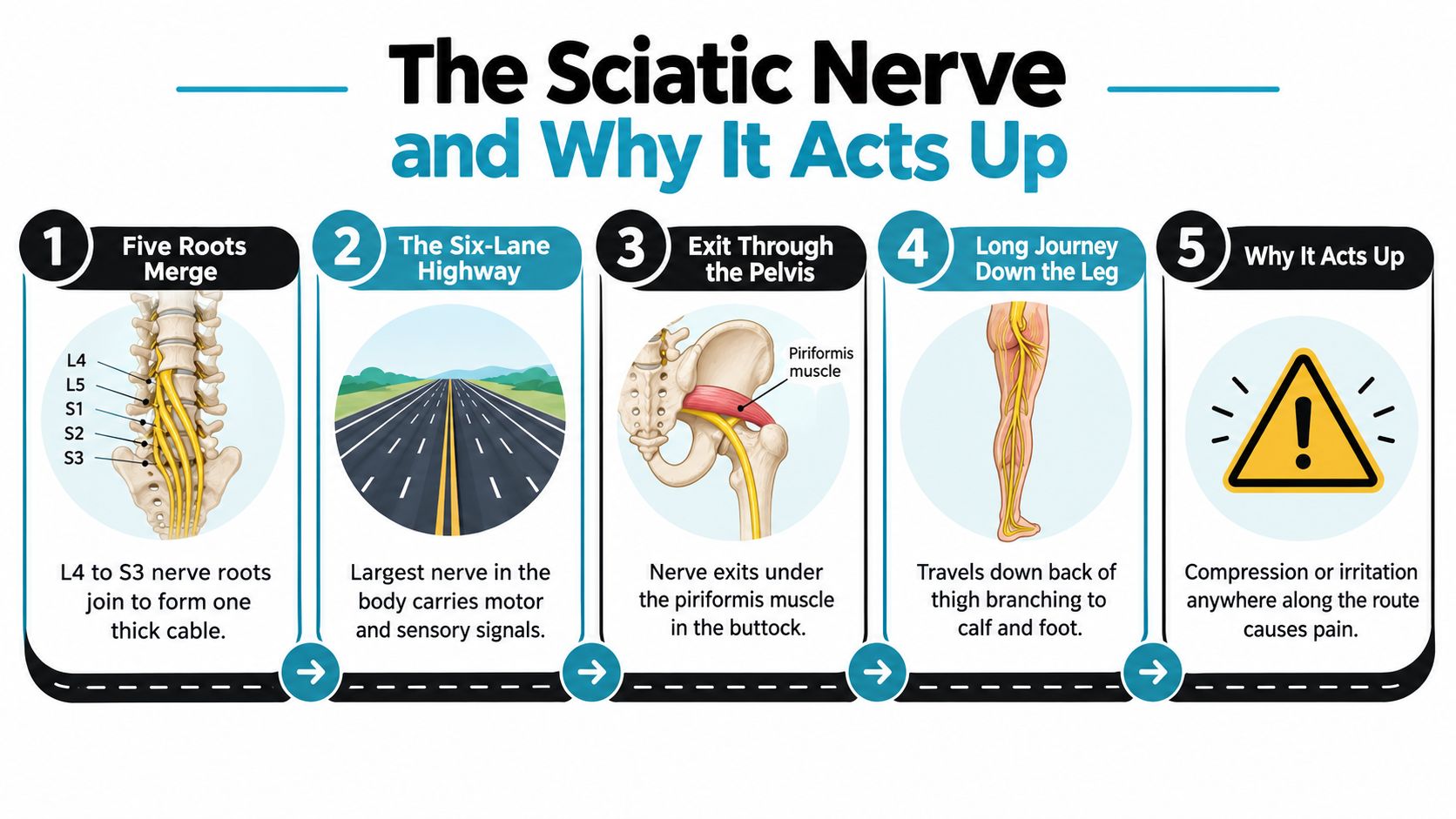 An infographic showing the five-step process of sciatic nerve anatomy and common causes of nerve pain.