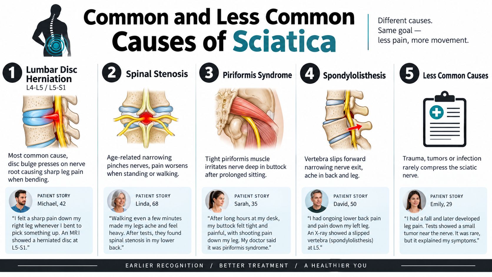 An infographic detailing five common and rare medical causes of sciatica nerve pain and related patient stories.