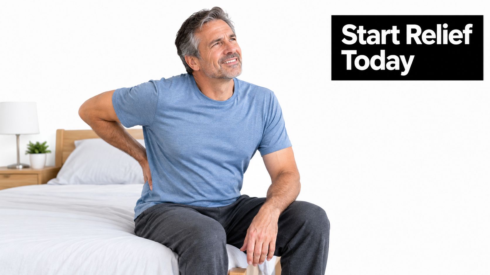 A middle-aged man sitting on a bed, holding his back, appearing to experience back pain.