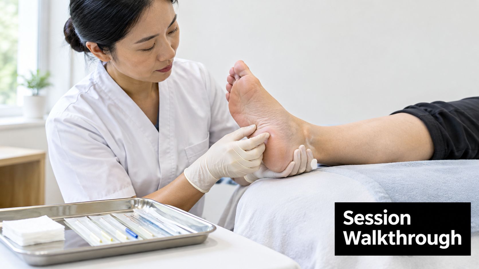 A professional acupuncturist examines a patient's foot before performing acupuncture treatment for heel pain relief.
