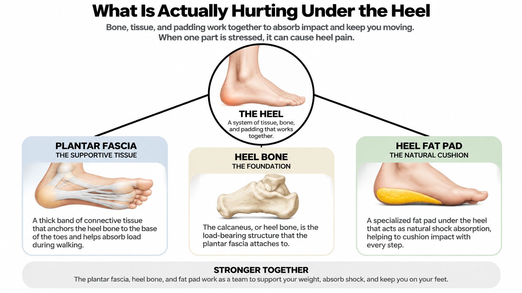 An anatomical illustration showing the plantar fascia, heel bone, and fat pad working together for foot support.