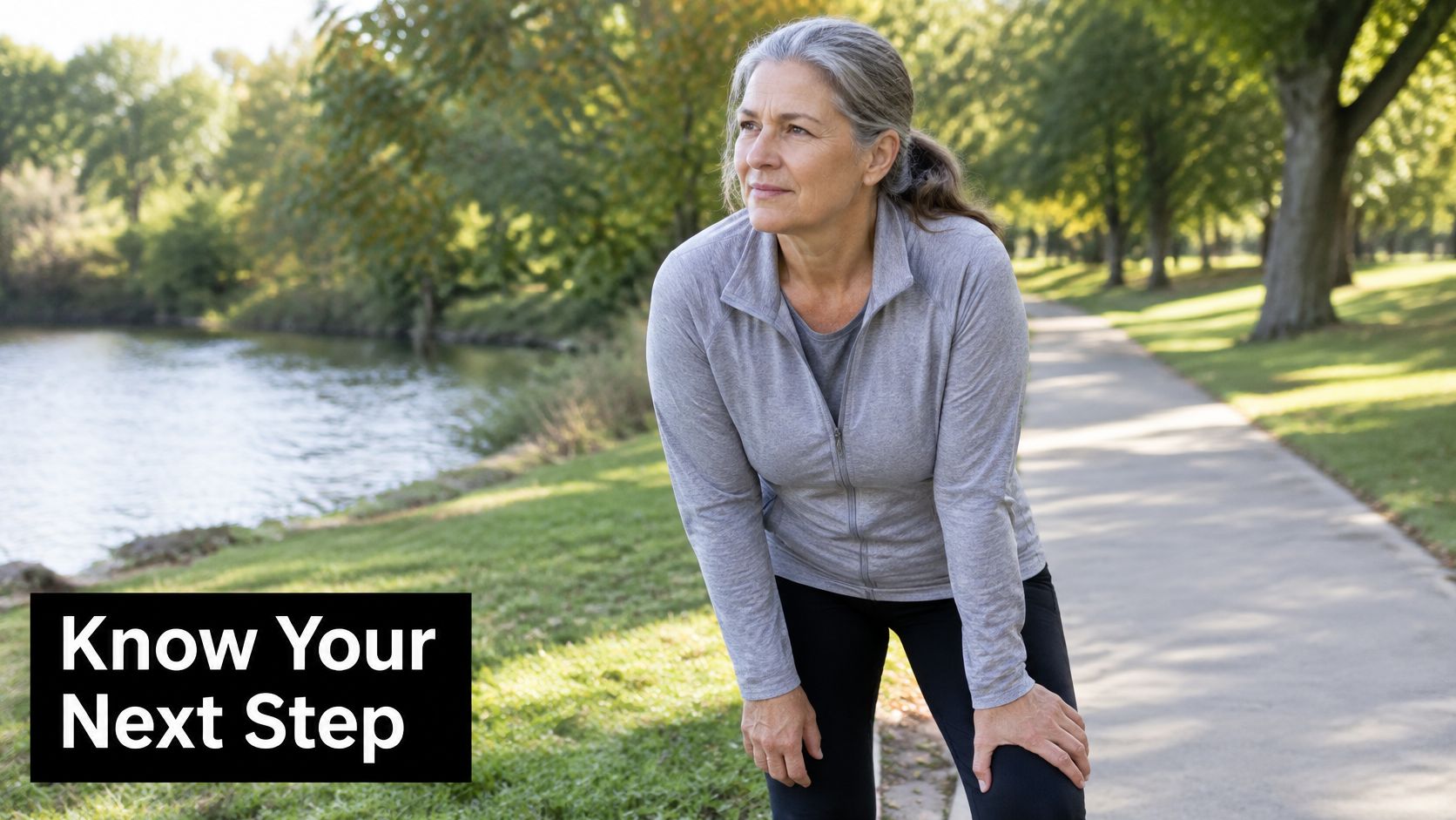 A mature woman standing on a park path, resting her hands on her knees while exercising.