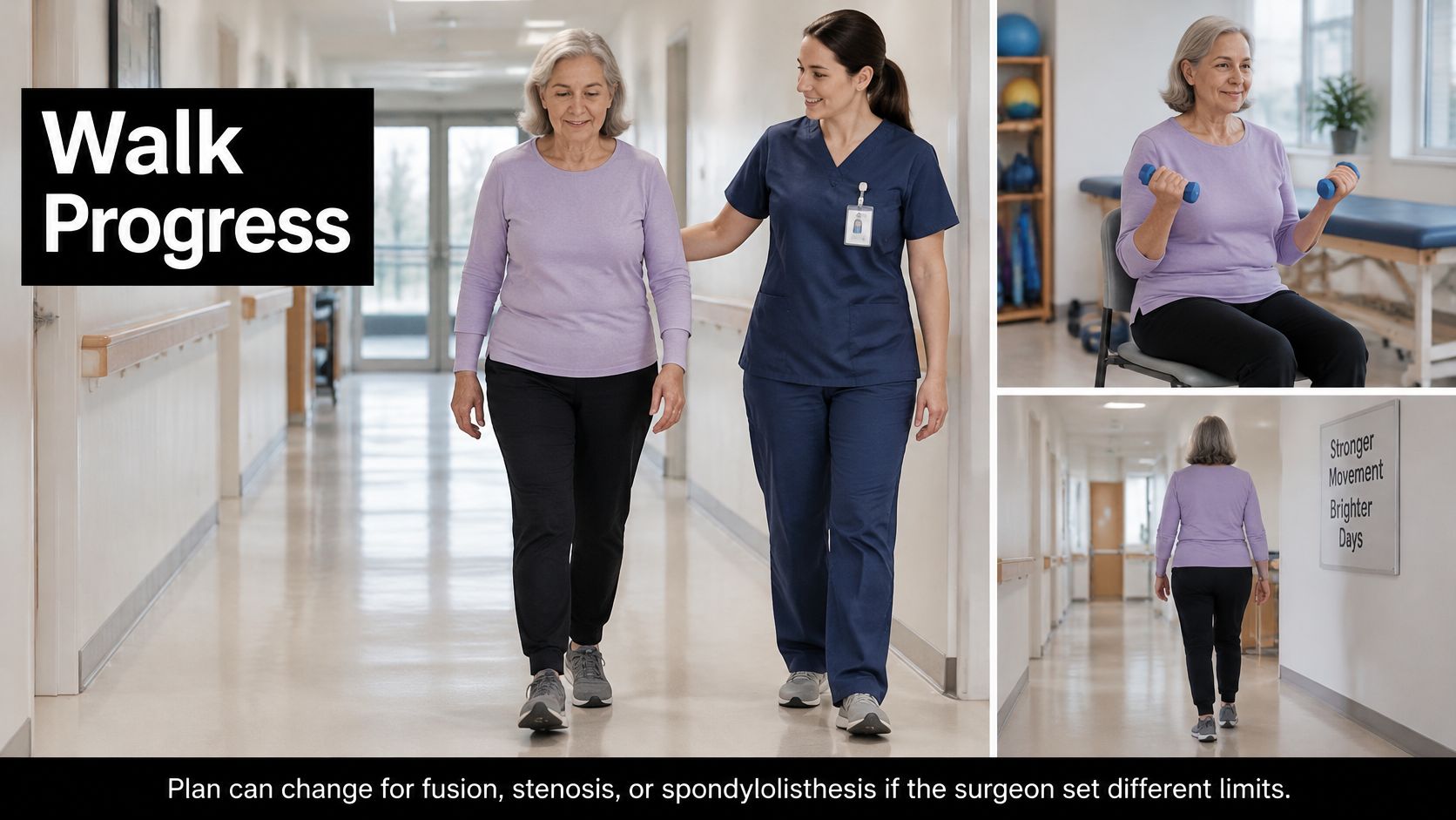 An elderly woman undergoes physical therapy with a nurse to aid in her back pain relief after surgery.
