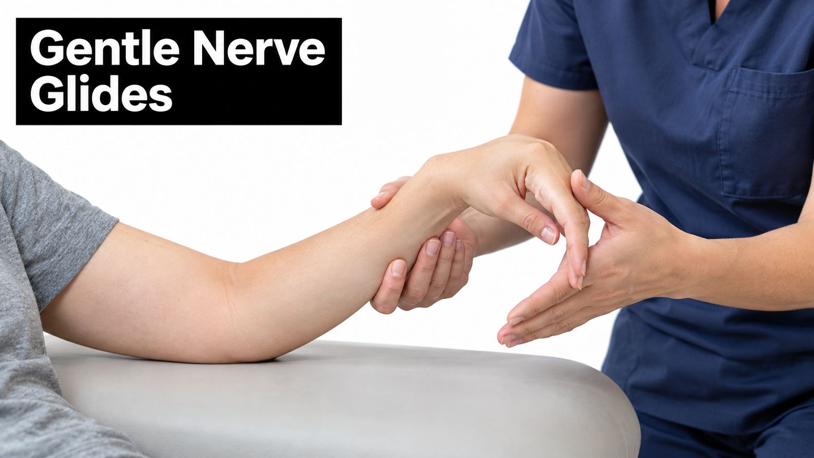 A healthcare professional gently stretching and performing a nerve glide exercise on a patient's wrist and hand.