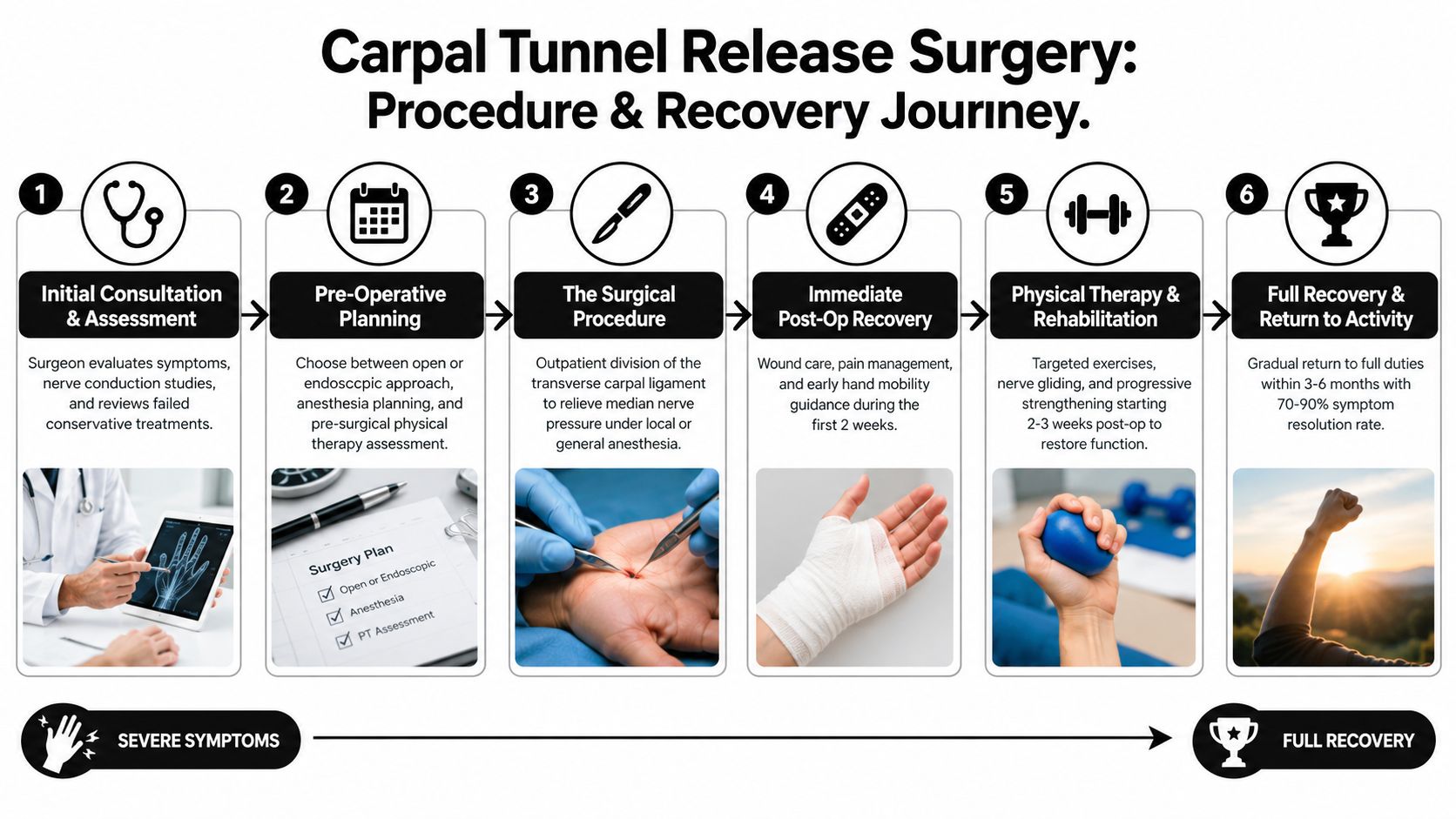 A six-step infographic detailing the Carpal Tunnel Release surgery process from initial consultation to full recovery.