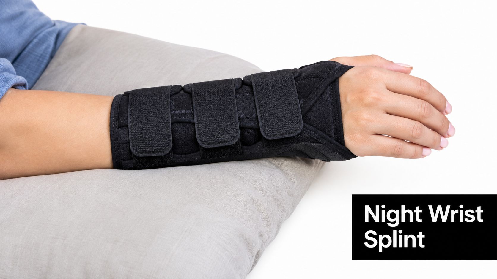 A person resting their hand wearing a black medical wrist brace on a soft grey pillow.