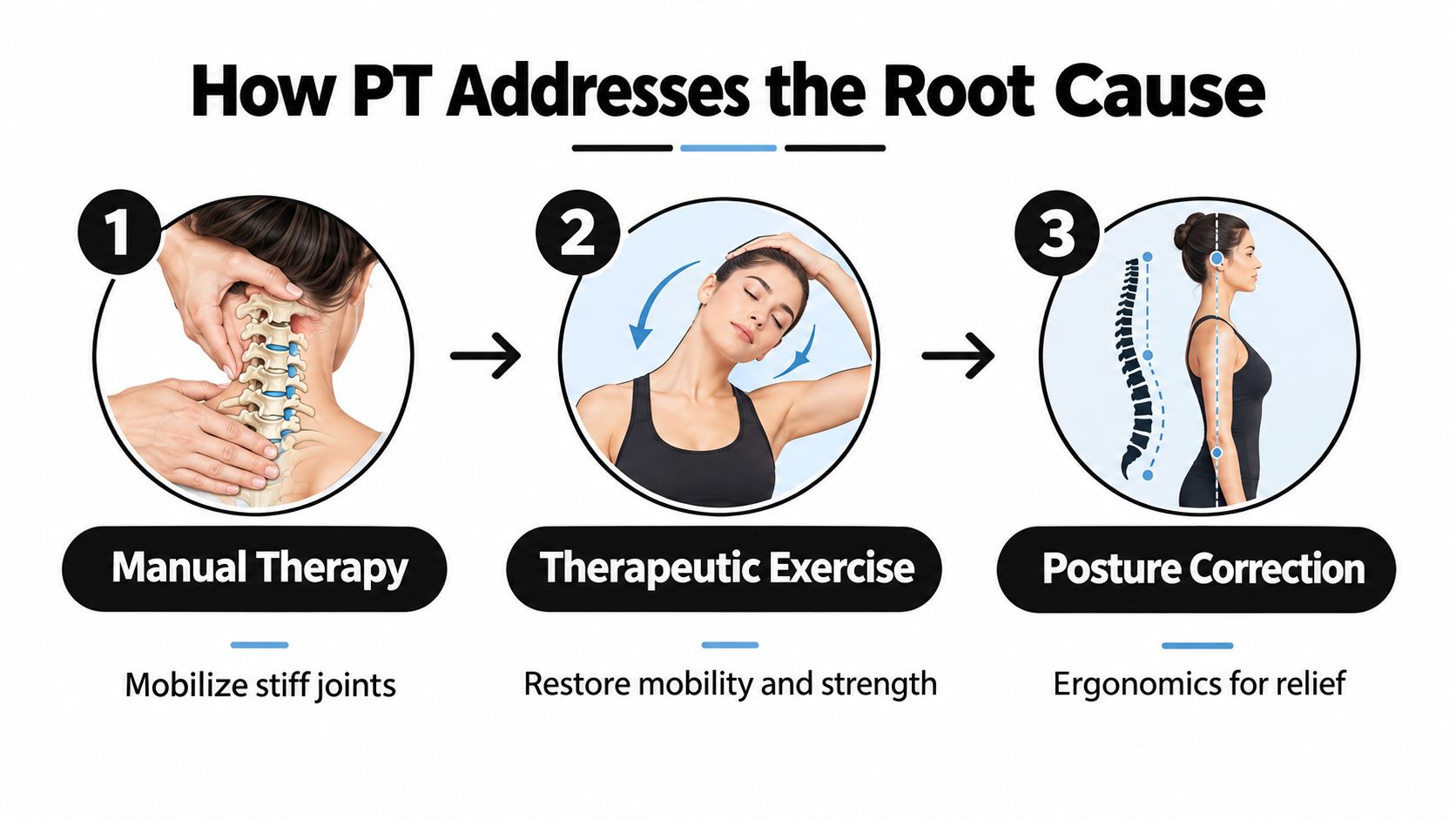 A diagram illustrating three physical therapy steps for neck pain: manual therapy, therapeutic exercise, and posture correction.