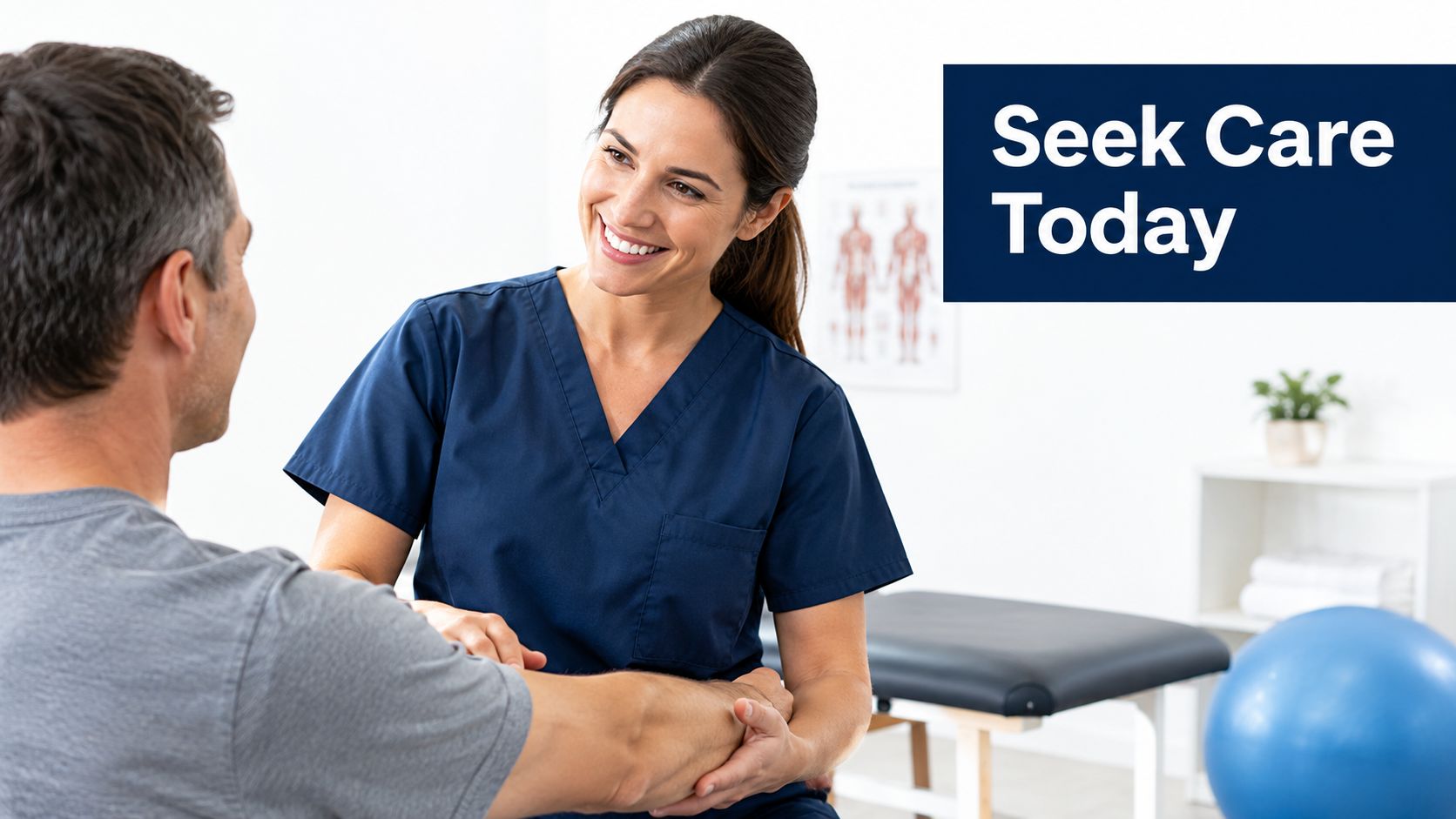 A physical therapist smiling while examining the arm of a male patient in a clinical office setting.