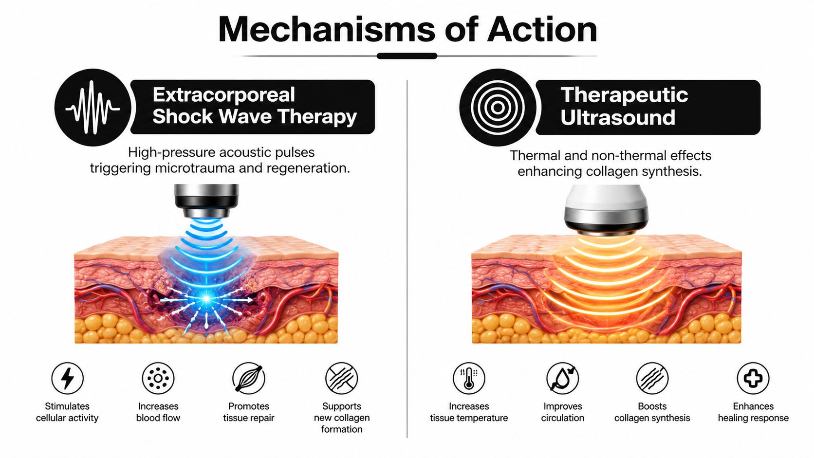 A comparison chart showing the different mechanisms of action for Extracorporeal Shock Wave Therapy and Therapeutic Ultrasound treatments.