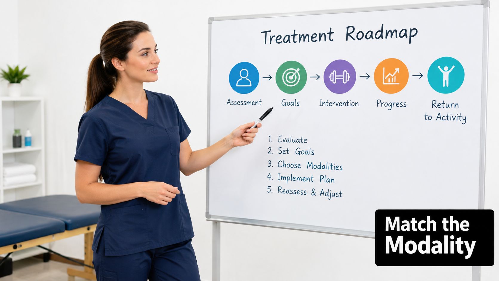 A healthcare professional in scrubs points to a treatment roadmap chart on a whiteboard in a clinic.