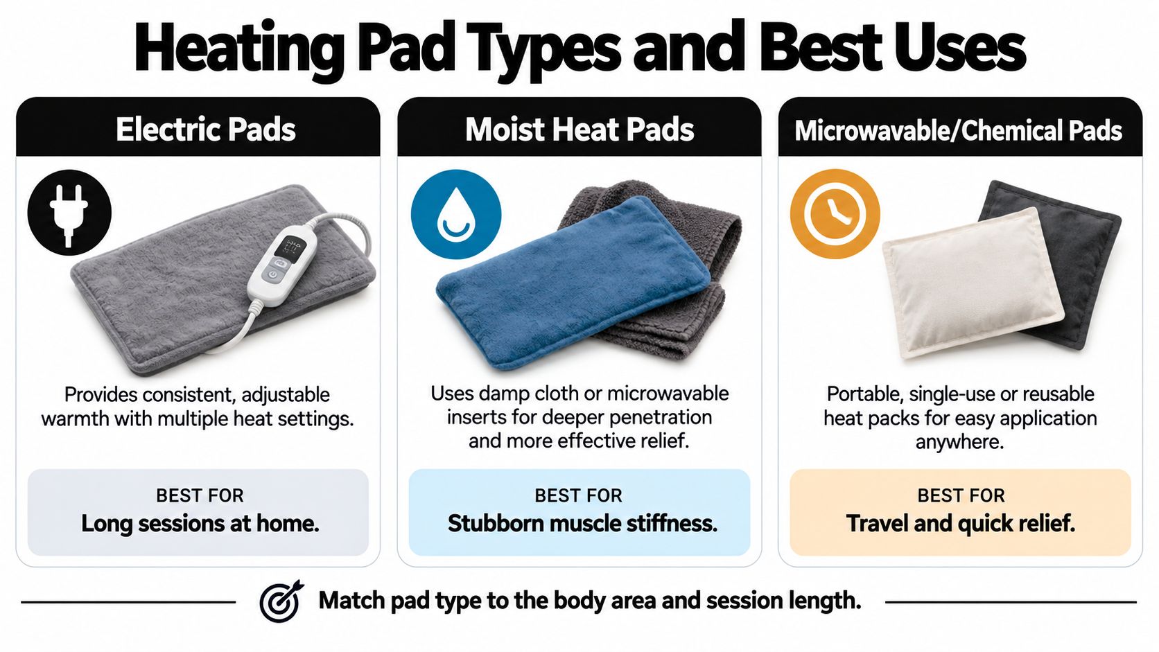 A comparison chart showing three types of heating pads including electric, moist heat, and microwavable packs.