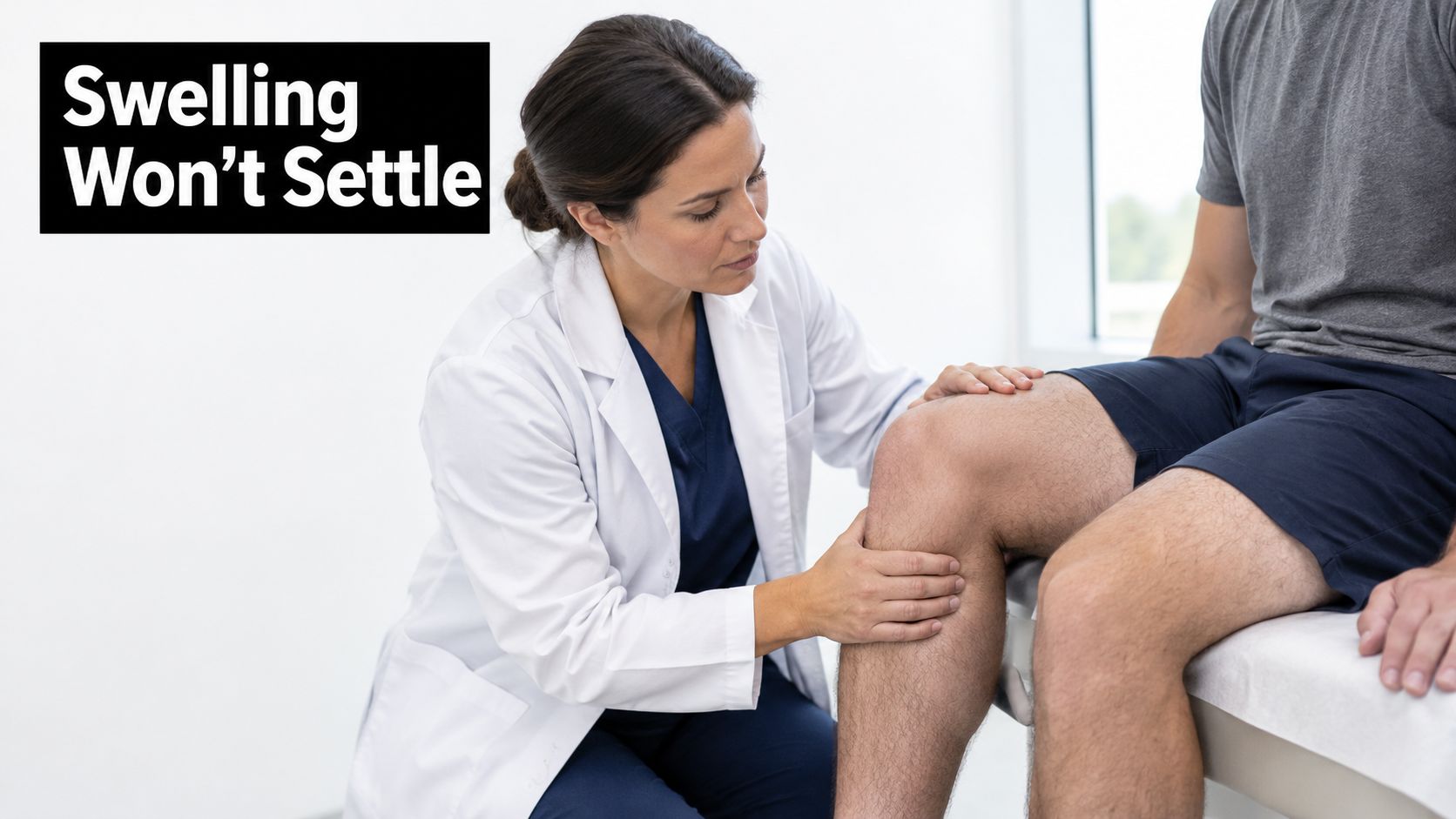 A doctor in a lab coat examining a patient's swollen knee in a professional clinic setting.