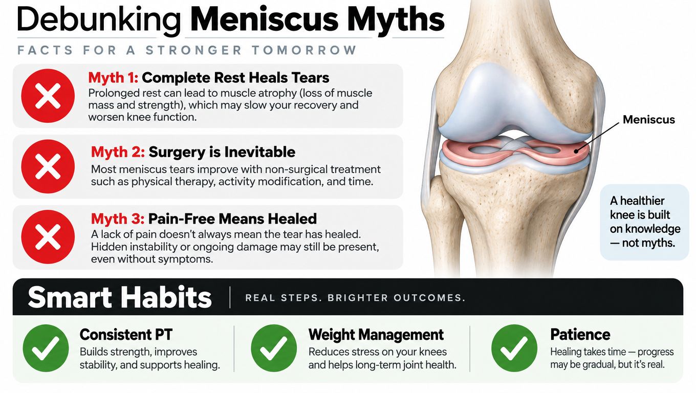 An infographic debunking common myths about meniscus tears and promoting effective non-surgical recovery through smart habits.