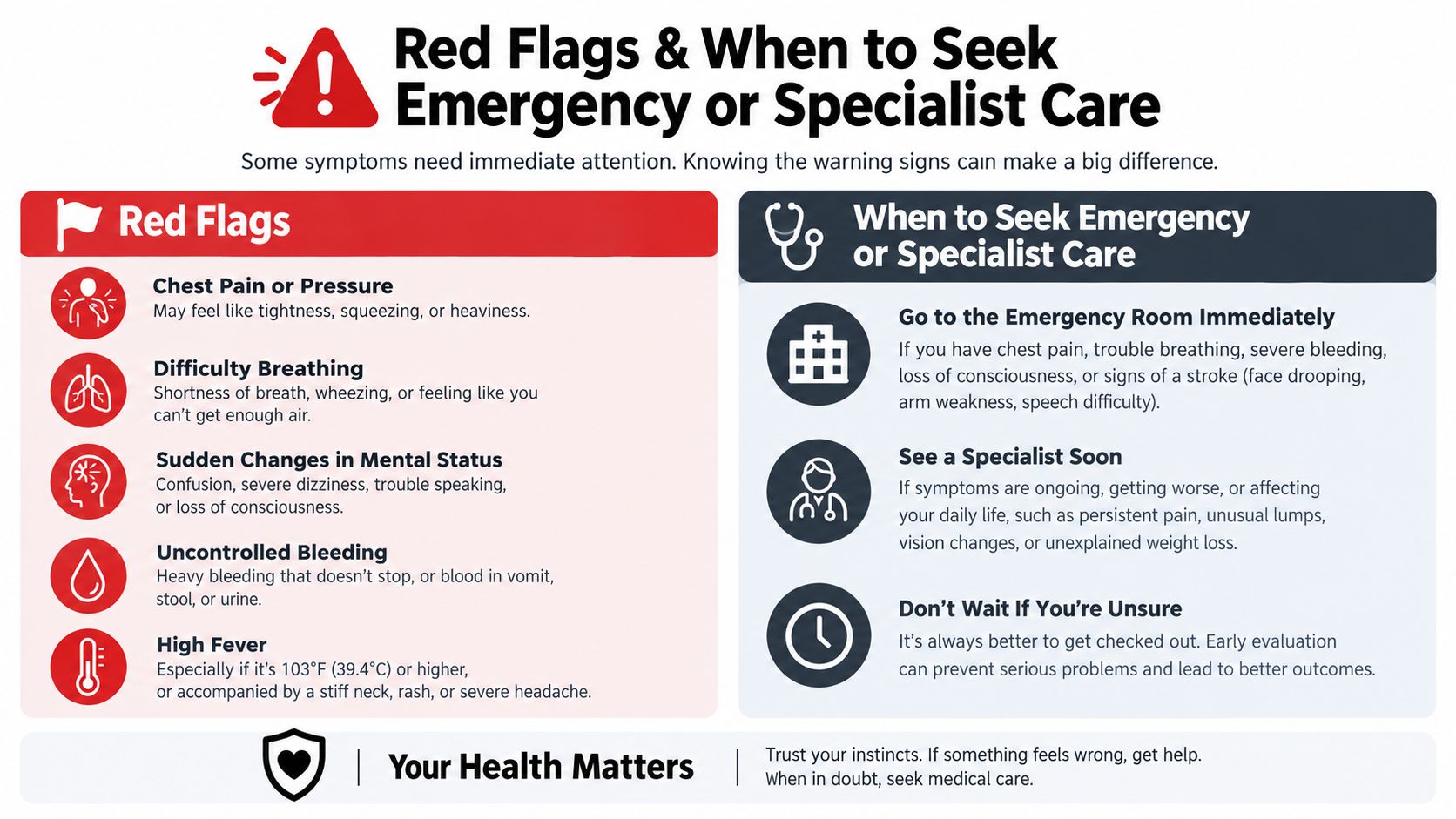 A health infographic detailing red flag symptoms that require immediate emergency medical attention or specialist care.