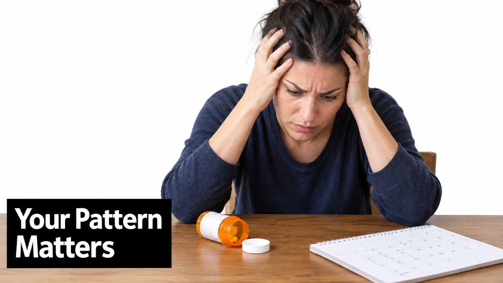 A woman holding her head in distress near a pill bottle and a calendar on a table.