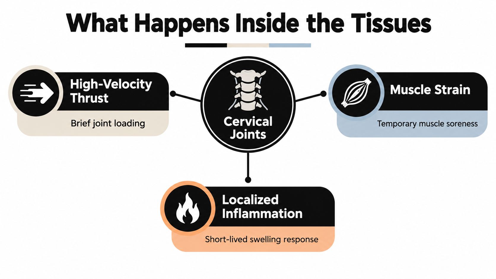 A diagram explaining the physiological effects of cervical joint adjustment including high-velocity thrust, muscle strain, and inflammation.