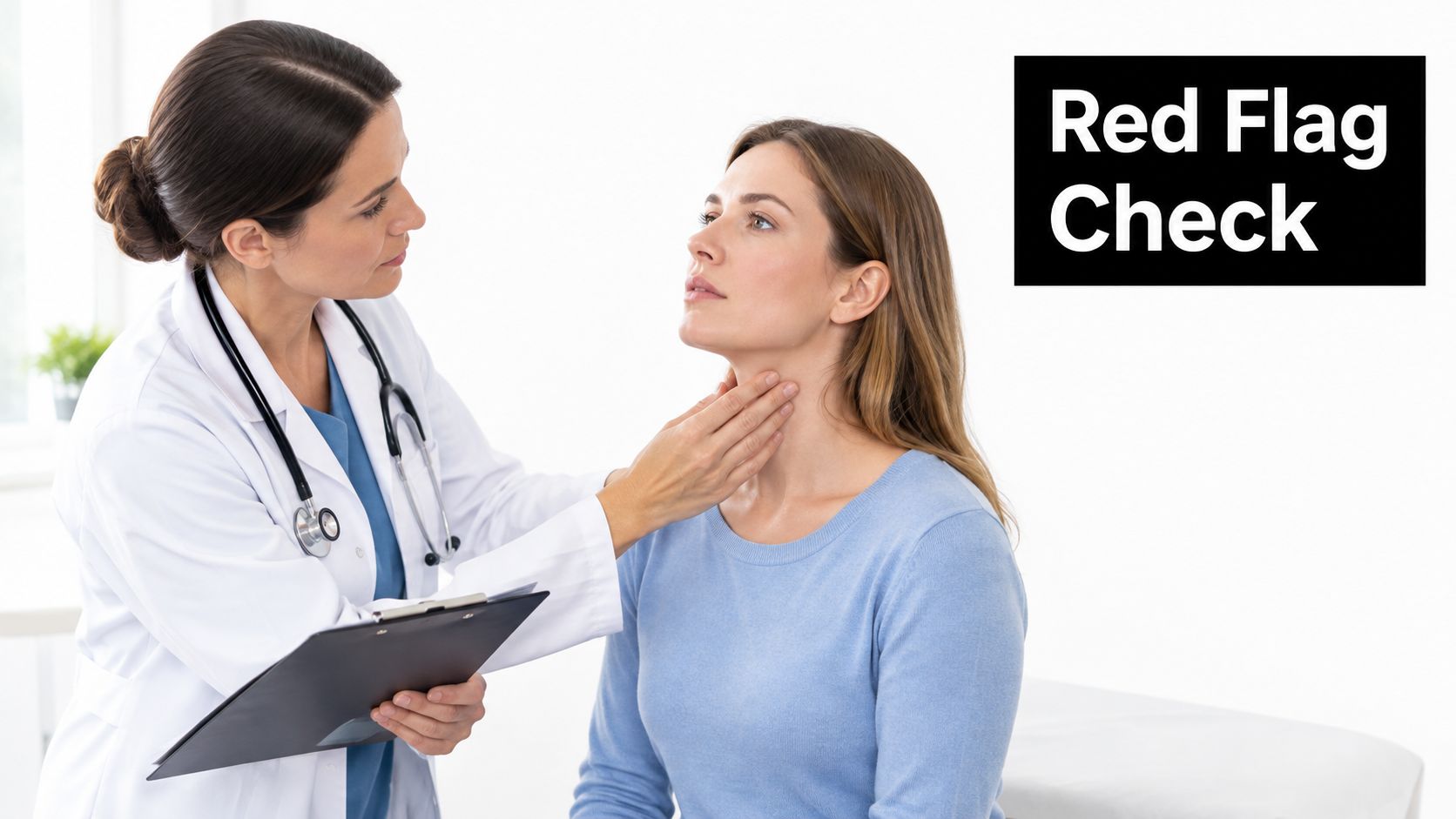 A female doctor performing a physical examination on a patient's neck, checking for potential medical concerns.