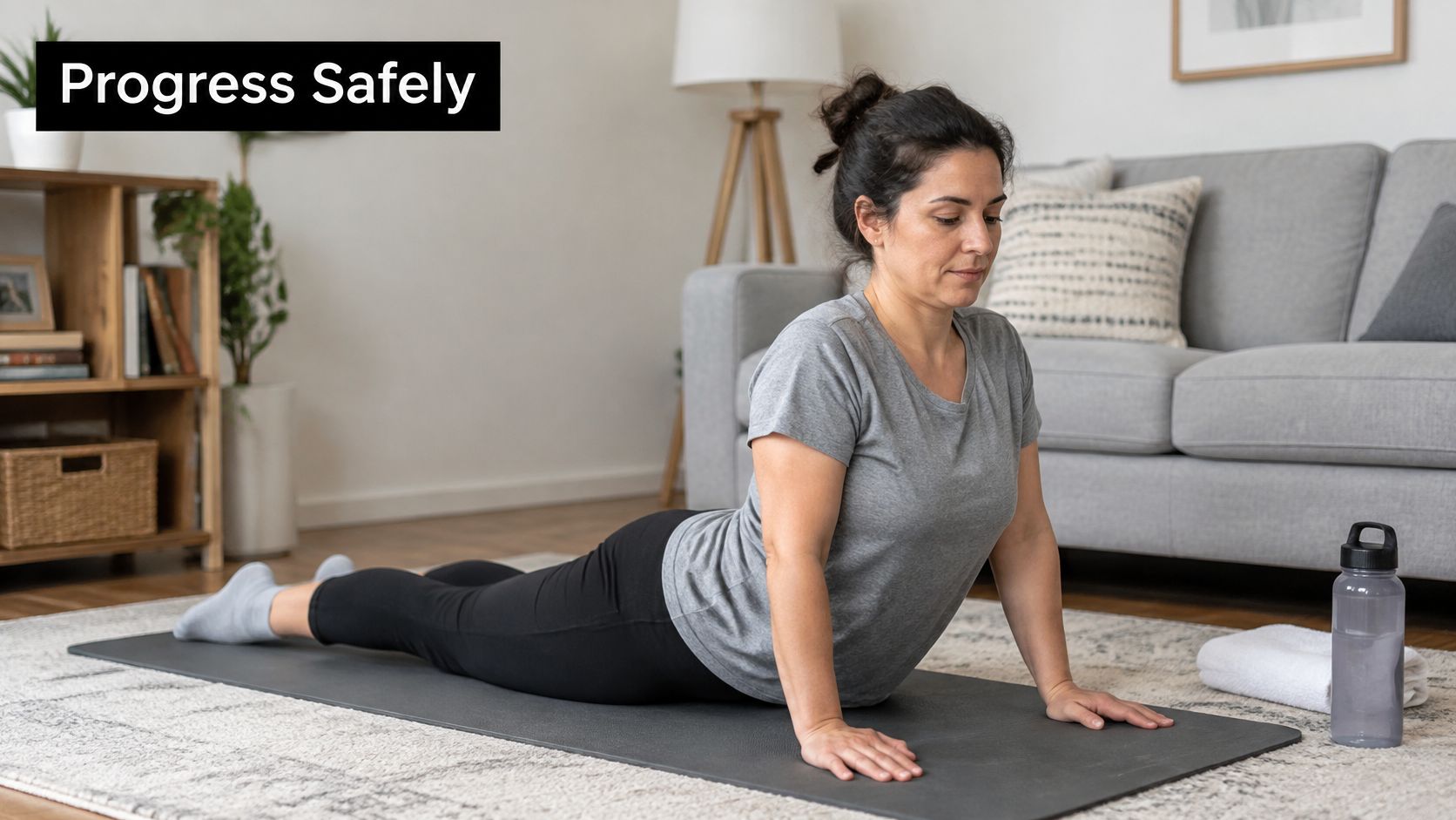 A woman performing a gentle cobra stretch yoga pose on a mat to relieve back pain at home.
