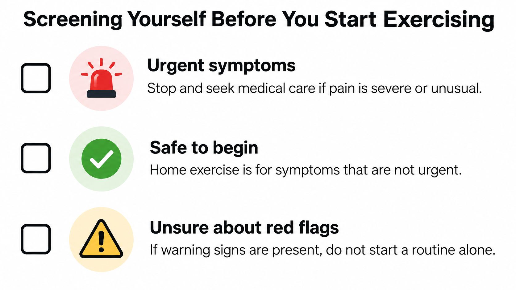 A graphic showing safety screening steps before beginning an exercise routine to manage physical pain.