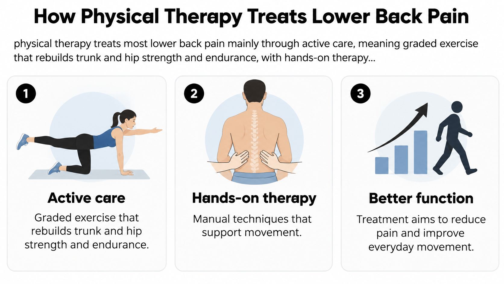 An infographic illustrating how physical therapy treats lower back pain through active exercise, manual therapy, and movement.