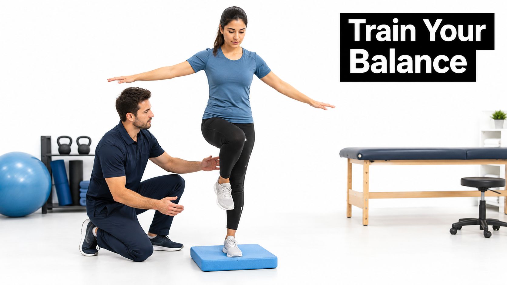 A physical therapist assists a female patient with a balance exercise on a foam stability pad.
