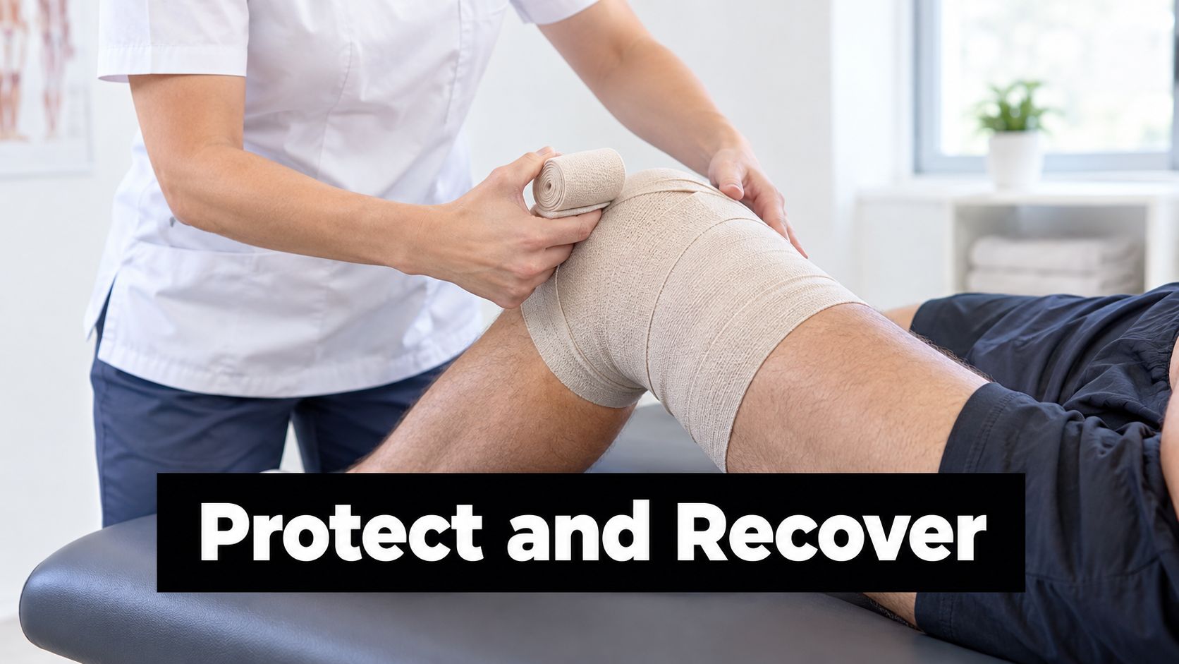 A physical therapist wraps a patient's injured knee with an elastic bandage in a clinical setting.