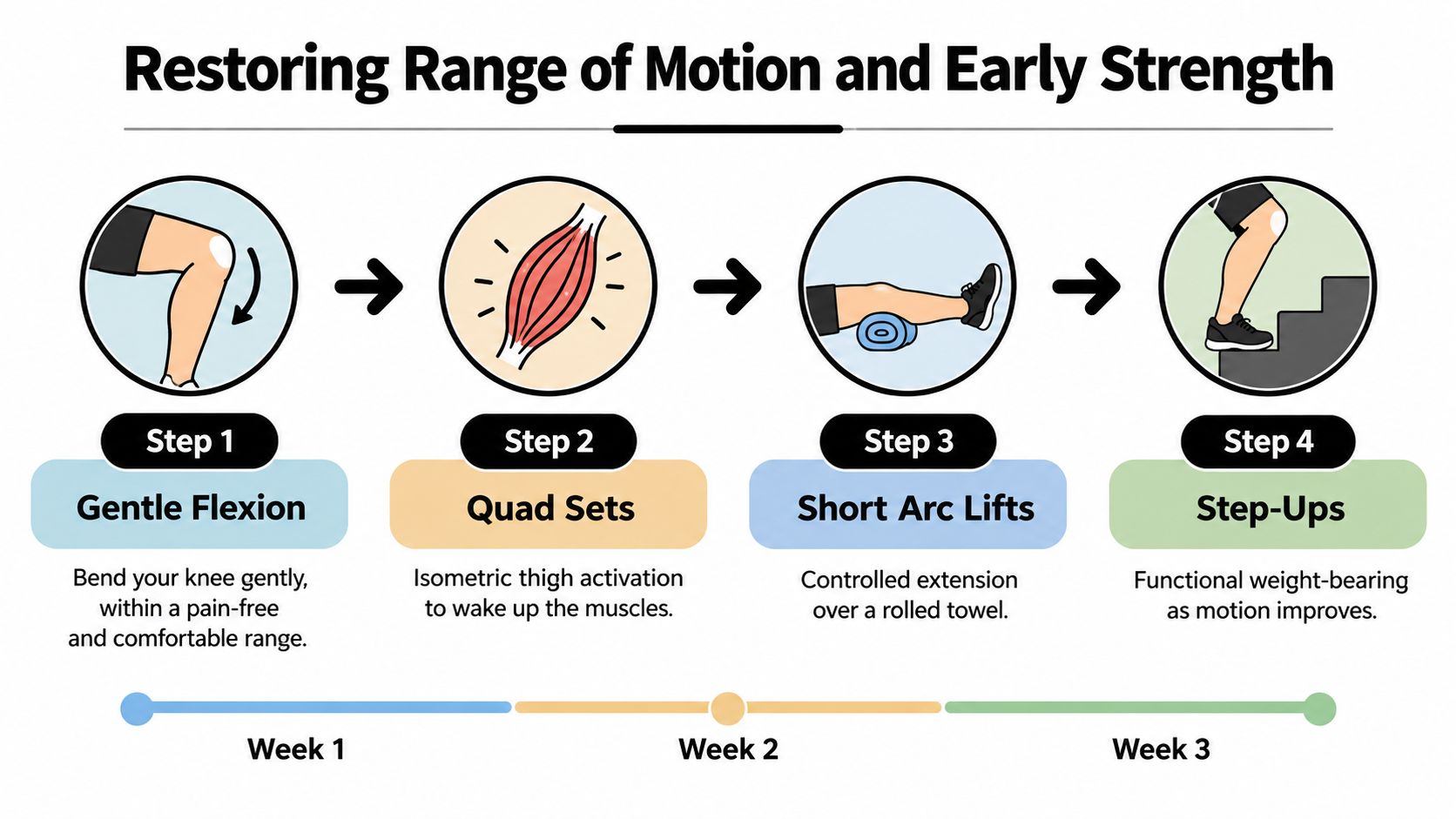 A four-step infographic illustrating a recovery plan for knee rehabilitation including gentle flexion, exercises, and steps.